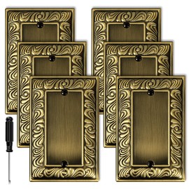 Antique Brass Decorative Wall Plate Light Switch Cover Decorator Outlet Covers Rocker Switch Plates Metal Material Wall Plates for Kitchen Bathroom (1 Gang Single Blank-6 Pack)