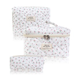 3-Piece Cosmetic Bag Set, Travel Flower Pattern Make-Up Bag, High Capacity Make Up Bag, Aesthetic Portable Cosmetic Bag with Zip for Women and Girls, White, Flowers
