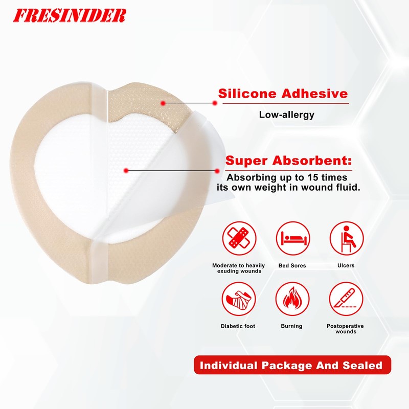 FRESINIDER 7"x7" (Pack of 10) Wound Silicone Sacral Foam Dressing