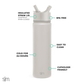 Simple Modern Water Bottle with Straw Lid Vacuum Insulated Stainless Steel Metal Cup Bottles | Reusable Leak Proof BPA-Free Flask for Gym, Travel, Sports | Summit Collection | 22oz, Almond Birch