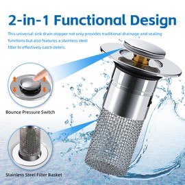 2-in-1 Pop Up Bathroom Sink Strainer Stopper and Sink Strainer Filter,Universal Replacement Parts and Repair Parts for Sink Drain,Anti-Clog and Insect Prevention Sink Drain Stopper(1.3~1.6inch)