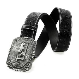 Moranse Belts With Religion Cross Cowboy Kneeling Prayer Buckle,Genuine Cow Leather,Classic and Retro Pattern Fashion Designs