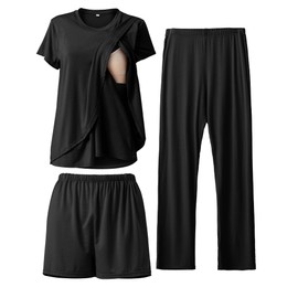 SUNNYBUY 3 Piece Nursing Pajamas Set Postpartum Casual Soft Maternity Pajamas Sleepwear Loungewear Clothing Layer, black
