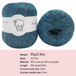 80g Sparkle Silver Lurex Thread Shining Yarn, Metallic Crochet Thread Yarn for Crocheting, Sparkle Metallic for Knitting Clothes, Car Charm, Keychain Charm(Sparkling Ocean)