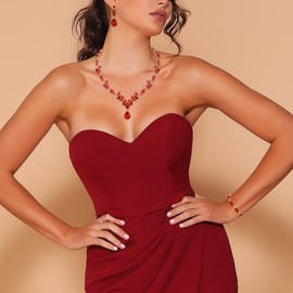 Clearine Wedding Jewellery Set for Women Bride, Teardrop Marquise Crystal Cluster Y-Necklace Tennis Bracelet Dangle Earrings Set for Bridal Bridesmaid Red Gold-Tone