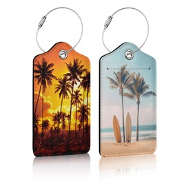 2 Pack Tropical Beach Palm Tree Luggage Tag for Suitcases, Summer Beach Sunset PU Leather Luggage Tag with Privacy Cover ID Label for Women Men Travel Cruise Baggage Handbag School Bag Backpack