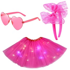 Light-Up Tutu Women, Neon Pink Tutu Skirt, Glow in The Dark Tutu Outfit for Women Adults, Dance Performances, Themed Parties, Pink Tutu Skirt Set with Hair Accessories and Glasses