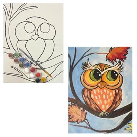Paint Your Own Pre-Drawn Canvas Kit for Kids, Fall Owl Theme, DIY Paint Party Kit - Paint Brush & Color Mixing Chart - Handmade & Stenciled (8" x 10")