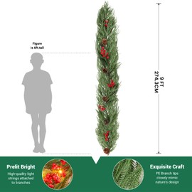 9FT Prelit Christmas Garland, Realistic Green Norfolk Pine Garland with Lights Battery Operated for Mantle Stairs Railing Fireplace Table Indoor Xmas Decor