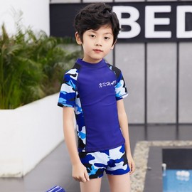 Kids Junior Rash Guard Set for Boys - Split Boxer Swim Trunks, Medium 14/Navy Short Sleeve + Shorts Set 5ea