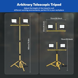 30000 Lumen LED Work Lights with Stand, 2 Adjustable Head Portable Work Light with Foldable Tripod Stand, IP66 Waterproof Tripod Worklights with 6500 Kelvin Color Temperature for Outdoor Indoor