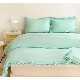 LMONMOO Green Duvet Cover Queen, Chic Lace Bedding Set with Double Ruffle, 3 Pieces Luxury Princess Style Comforter Cover Soft Breathable for Girls Kids Teen, All Season (Green, Queen)