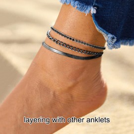 FOCALOOK Anklet Bracelets for Women Silver Anklet Summer Beach Shiny Black Cubic Zirconia Tennis Anklet for Women 8.5-10.5 Inches Adjustable