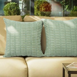 Betadistor Striped Corduroy Square Cushion Cover: Set of 2 Throw Pillow Case Soft Cushion Covers 45 x 45 cm for Sofa Chair Couch Fluffy Pillowcases 18x18 Inch, Light Green, 531-0706