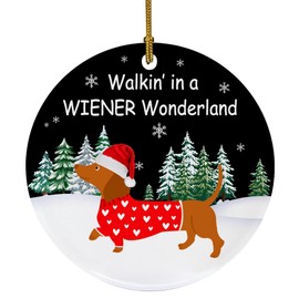 Dachshund Ornament, Walkin in A Wiener Wonderland Dachshund Christmas Ornament, Ceramic Funny Dog Christmas Ornaments, Dachshund Lovers Gift Idea for Christmas Decoration, Dog Gifts for New Year