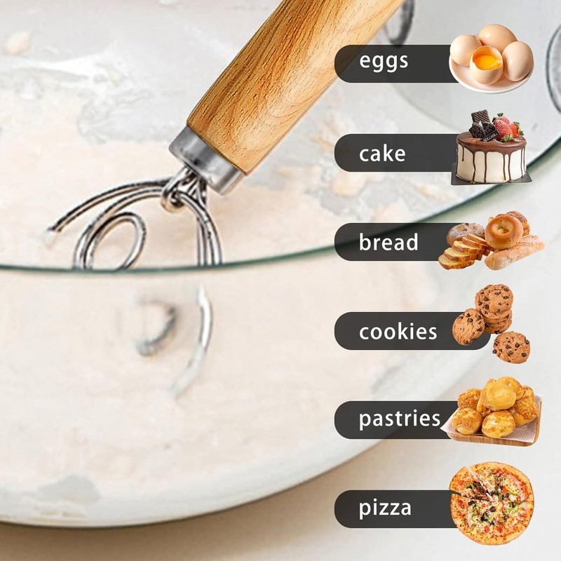 Danish Dough Whisk with Wooden Handle, Stainless Steel, for Bread,