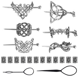 6Pcs Viking Celtic Hair Clips, BOJVESH Retro Silver Celtic Knot Hair Pins, Minimalist Vintage Metal Hair Stick Hairpins with 12Pcs Viking Hair Beads, Hair Accessories Barrettes for Women Girls