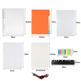 9 PCS Refillable A5 Notebook Set with Cover, 6-Hole Loose-leaf Book Set Include 135 A5 Refill Papers Lined 25 Note Tabs (8 Colors) 5 dividers 1 A5 Cover 1 Zipper Pocket 1 Bookmark Ruler 1 Receipt Bag