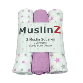 MuslinZ Baby Muslin Squares Burp Cloths 3 Pack 100% Pure Cotton, 70cms, Baby Essential, Soft Breathable and Absorbent (Violet Star)