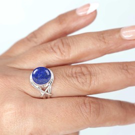 Jeweloporium 925 Sterling Silver Ring for Women Size N 1/2 Blue Genuine Lapis Lazuli Stone Vintage Silver Ring Birthday Gift Solitaire Jewelry
