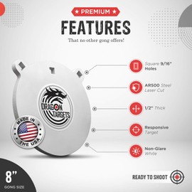 Dragon Targets AR500 Steel Targets for Shooting 1/2 Inch Thick Laser Cut, Painted AR500 Gong Targets for Shooting, Made in USA (8 inch)