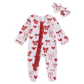 MoZiKQin Newborn Baby Girl Ruffle Romper Knit Sweater Footie Jumpsuit Long Sleeve Zipper Romper Cute Fall Winter Outfits (Bowknot Heart-red,Newborn)