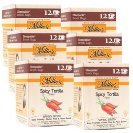 MILLIE'S SPICY TORTILLA SIPPING BROTH| Vegetable Broth with Savory Seasonings for Snack Urges | Vegan, Keto, Gluten Free, Intermittent Fasting, and natural | (6 Pack - 72 Broth Bags Total)
