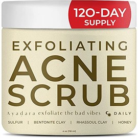 Ayadara Exfoliating Acne Scrub | Clarifying Sulfur Face Wash Scrub for Severe & Hormonal Acne | Bentonite Clay Acne Face Mask | Blackhead & Pimple Spot Treatment for Teens & Adults | 120-Day Supply