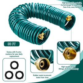 Pangda 100 Ft/ 50 Ft/ 25 Ft x 3/8'' Coil Garden Hose EVA Recoil Garden Self Coiling Expanding Water Hose with 6 Function Spray Nozzle Universal 3/4'' Brass Connector Fitting for Outdoor Yard(50 Ft)