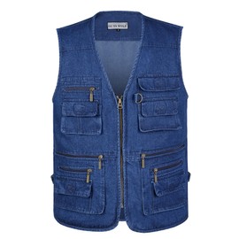 OU YA WOLF Men's Vest Utility Work Hunting Travel Fishing Multi-Pockets Outdoor Denim Vests Top for Men Jean Jacket Blue