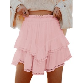 Aoudery Flowy Shorts for Women Casual Boho Ruffle Tiered Skorts High Waist Mini Skirts Golf Tennis Butterfly Crochet Shorts - All Pink XXL