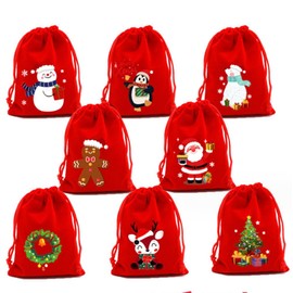 Pack of 16 Christmas Bags with Drawstring, Christmas Gift Bags, Christmas Candy Bags, Small Christmas Linen Bags