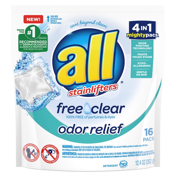 All Mighty Pacs Laundry Detergent, Free Clear Odor Relief Pouch, 16 Count