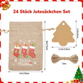 G2PLUS Pack of 24 Advent Calendar Jute Bags, 10 x 15 cm Christmas Jute Bags, Gifts Jute Bag with Tree Pendant, Christmas Gift Bags for Advent Calendar, Christmas Tree Decoration