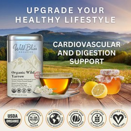 Wild Bliss Organic Yarrow Tea - Caffeine Free Herbal Tisane - Pharmacopoeia Potency - 20 Plant Based Tea Bags