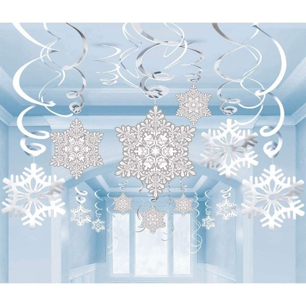 42Ct Christmas Snowflake Hanging Swirl Decorations - Winter Party Wonderland Xmas Holiday Supplies