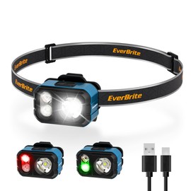 EverBrite 400 Lumens Rechargeable Headlamp, Only 1.59 OZ Ultra-Light with Hat Clip, IP67 Waterproof, White/Red/Green Light, 7 Modes for Camping, Running and Backpacking-Blue