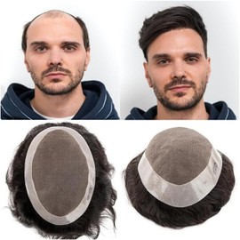 Tupé para Hombres Tupé para Hombres Sistema de reemplazo de tupé de Cabello Humano Mono Fino con PU Alrededor para Hombres Línea de Cabello Natural Densidad Media Prótesis de Cabello Masculino durad