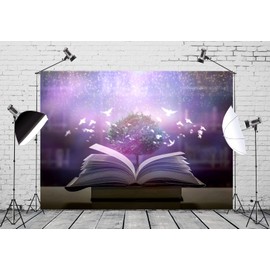 CORFOTO 7x5ft Fabric Christian Backdrop Open Holy Bible Purple Sky Peace Doves Cross Holy Light Photography Background for Church Communion Events Banner Jesus Christ School Background Photo Props