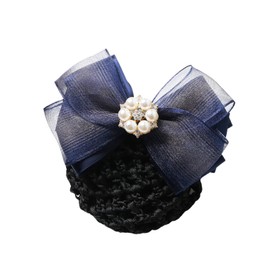 EZ PEACH Ribbon Barrette with Net Bowknot Large Chignon Net Hair Accessory Cover Easy Not See Through Chignon Net Cover Cap Hair Clip Bun Nurse Bun Stylish Popular Women's Hair Net (Pearl/Nevy)