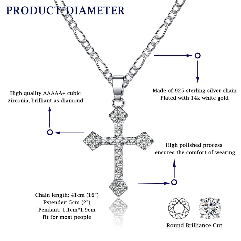 EPIRORA Cross Necklace 14K Gold Plated Figaro Chain, Cubic Zirconia