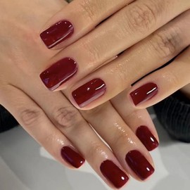 Wine Red Press on Nails Solid Color Fake Nails Medium Square False Nails Pure Brown Color Glue on Nails Reusable Artificial Acrylic Nail Full Cover Glossy Stick on Nails for Women Christmas Manicure
