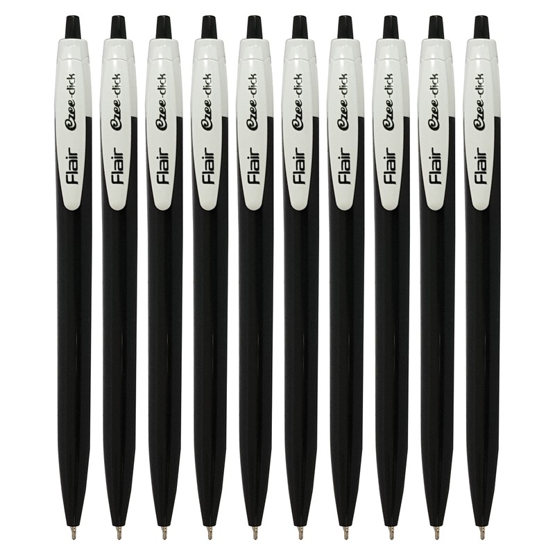 FLAIR 10 x 0.7mm Ezee Click BLACK Ballpoint Retractable Pens