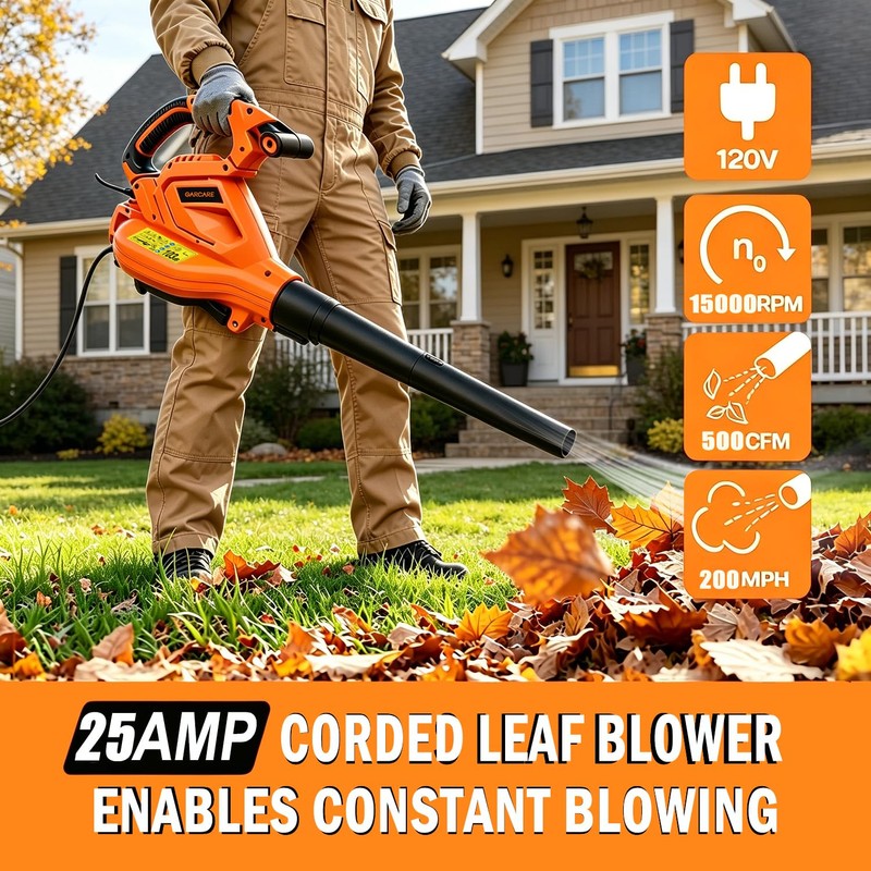 GARCARE 3-in-1 Electric Leaf Blower Leaf Vacuum and Mulcher 500