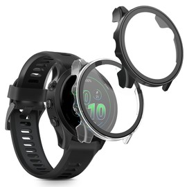 kwmobile Cover Comaptible with Garmin Forerunner 570 42mm Covers - 2X Tempered Glass with Plastic Frame - Transparent/Black