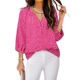 Cute Fall Tops for Women: 3/4 Sleeves - Shirts for Women Dressy Casual - Fuschia Womens Pink Shirt Trendy V Neck Work Blouse for Women Ladies Chiffon Valentines Day Outfits Date White Heart Print XL