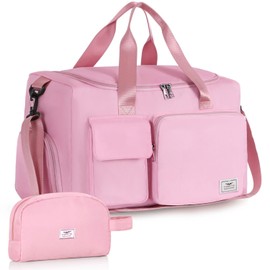 FIORETTO Womens Mens Sports Gym Bag Duffle Bag with Shoes Compartment, Weekend Travel Bag Overnight Bag for Women, Foldable Water Resistant Holdall Hospital Bag for Swimming with Toiletry Bag Pink