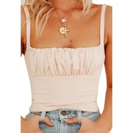 BEJONS Women Y2k Pink Corset Like Going Out Ruched Crop Tank Top Cute Square Neck Double Lined Ruffle Brami Camisole Teen Clothes Dressy Summer Basic Dance Concert Outfit Light Coral M