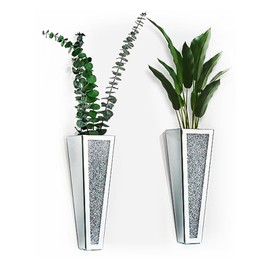 Crystal Wall Vase Hanging Flower-vase - Silver Crushed Diamond Mirrored Container Flower Vase Home Decor for Living Room, Dining Room, Bedroom, Set of 2 （11.2 Inch High） Wittolins