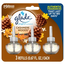 Glade PlugIns Refills Air Freshener, Scented and Essential Oils for Home and Bathroom, Cashmere Woods, 2.01 Fl Oz, 3 Count